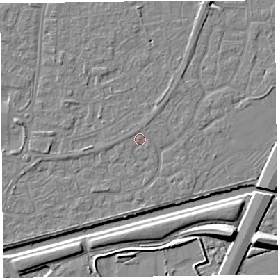 Shaded relief map of the ground around BS215BP, computed from Environment Agency LiDAR. The ground here sits at about 6 m above sea level and falls 10 m across the surrounding 800 m. Surface water reaching this point runs off ground lying to the north, 0.9 m higher.