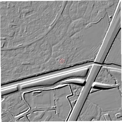 Shaded relief map of the ground around BS215BQ, computed from Environment Agency LiDAR. The ground here sits at about 6 m above sea level and falls 10 m across the surrounding 800 m. Surface water reaching this point runs off ground lying to the south-east, 0.9 m higher.