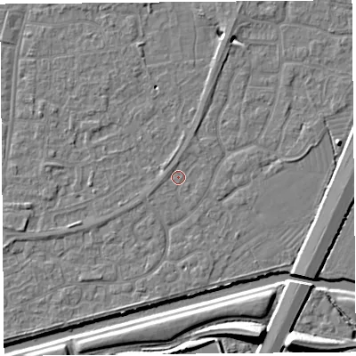 Shaded relief map of the ground around BS215BS, computed from Environment Agency LiDAR. The ground here sits at about 6 m above sea level and falls 10 m across the surrounding 800 m. Surface water reaching this point runs off ground lying to the north, 0.8 m higher.