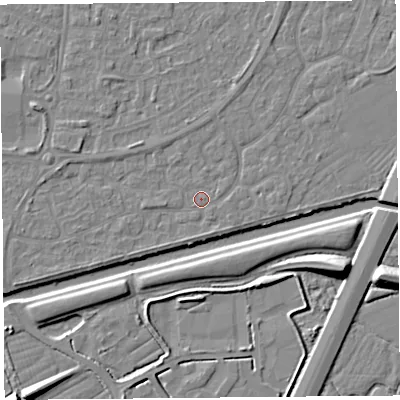 Shaded relief map of the ground around BS215BT, computed from Environment Agency LiDAR. The ground here sits at about 6 m above sea level and falls 10 m across the surrounding 800 m. Surface water reaching this point runs off ground lying to the west-north-west, 1.5 m higher.