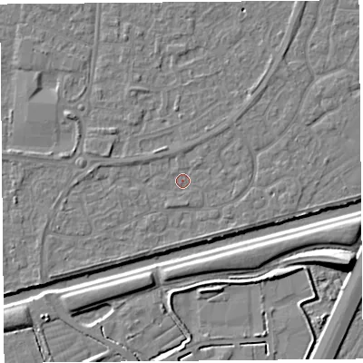 Shaded relief map of the ground around BS215BU, computed from Environment Agency LiDAR. The ground here sits at about 6 m above sea level and falls 10 m across the surrounding 800 m. Surface water reaching this point runs off ground lying to the west-south-west, 1.2 m higher.