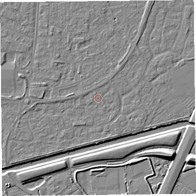 Shaded relief map of the ground around BS215BW, computed from Environment Agency LiDAR. The ground here sits at about 6 m above sea level and falls 10 m across the surrounding 800 m. Surface water reaching this point runs off ground lying to the west, 1.5 m higher.