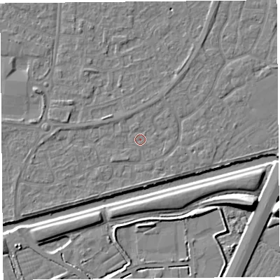 Shaded relief map of the ground around BS215BX, computed from Environment Agency LiDAR. The ground here sits at about 6 m above sea level and falls 10 m across the surrounding 800 m. Surface water reaching this point runs off ground lying to the west, 1.5 m higher.