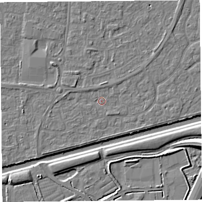 Shaded relief map of the ground around BS215BY, computed from Environment Agency LiDAR. The ground here sits at about 6 m above sea level and falls 8 m across the surrounding 800 m. Surface water reaching this point runs off ground lying to the south-west, 1.2 m higher.