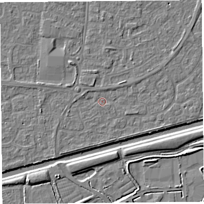 Shaded relief map of the ground around BS215BZ, computed from Environment Agency LiDAR. The ground here sits at about 6 m above sea level and falls 5 m across the surrounding 800 m. Surface water reaching this point runs off ground lying to the south-west, 1.2 m higher.