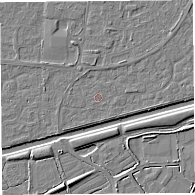 Shaded relief map of the ground around BS215DA, computed from Environment Agency LiDAR. The ground here sits at about 6 m above sea level and falls 8 m across the surrounding 800 m. Surface water reaching this point runs off ground lying to the south-west, 1.2 m higher.
