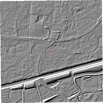 Shaded relief map of the ground around BS215DB, computed from Environment Agency LiDAR. The ground here sits at about 6 m above sea level and falls 8 m across the surrounding 800 m. Surface water reaching this point runs off ground lying to the west-south-west, 0.9 m higher.