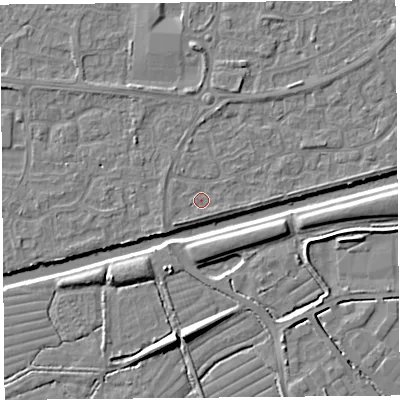 Shaded relief map of the ground around BS215DD, computed from Environment Agency LiDAR. The ground here sits at about 6 m above sea level and falls 8 m across the surrounding 800 m. Surface water reaching this point runs off ground lying to the south-south-west, 1.1 m higher.
