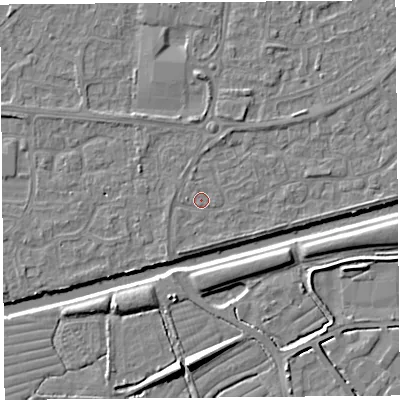 Shaded relief map of the ground around BS215DE, computed from Environment Agency LiDAR. The ground here sits at about 6 m above sea level and falls 8 m across the surrounding 800 m. Surface water reaching this point runs off ground lying to the south-south-west, 1.2 m higher.