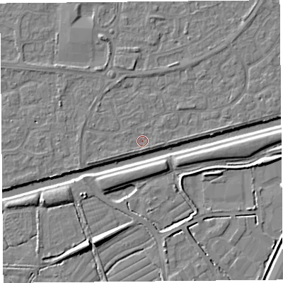 Shaded relief map of the ground around BS215DF, computed from Environment Agency LiDAR. The ground here sits at about 6 m above sea level and falls 8 m across the surrounding 800 m. Surface water reaching this point runs off ground lying to the east-south-east, 0.9 m higher.