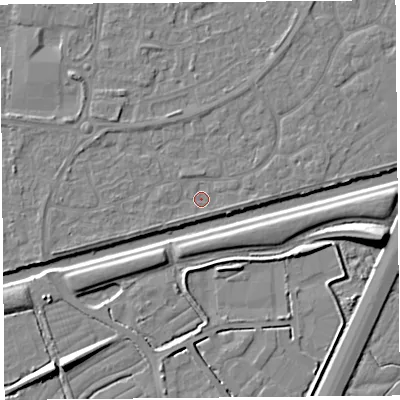 Shaded relief map of the ground around BS215DG, computed from Environment Agency LiDAR. The ground here sits at about 6 m above sea level and falls 10 m across the surrounding 800 m. Surface water reaching this point runs off ground lying to the west-north-west, 1.5 m higher.