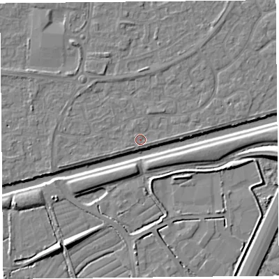 Shaded relief map of the ground around BS215DH, computed from Environment Agency LiDAR. The ground here sits at about 6 m above sea level and falls 8 m across the surrounding 800 m. Surface water reaching this point runs off ground lying to the north-west, 1.5 m higher.