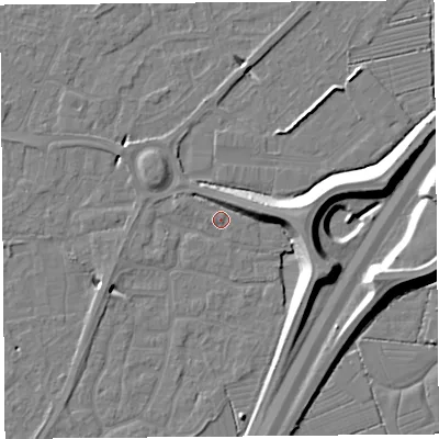 Shaded relief map of the ground around BS215DP, computed from Environment Agency LiDAR. The ground here sits at about 6 m above sea level and falls 11 m across the surrounding 800 m. Surface water reaching this point runs off ground lying to the east-north-east, 4.4 m higher.