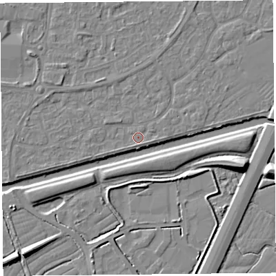 Shaded relief map of the ground around BS215DQ, computed from Environment Agency LiDAR. The ground here sits at about 6 m above sea level and falls 10 m across the surrounding 800 m. Surface water reaching this point runs off ground lying to the east, 1.1 m higher.