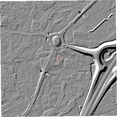 Shaded relief map of the ground around BS215DR, computed from Environment Agency LiDAR. The ground here sits at about 6 m above sea level and falls 11 m across the surrounding 800 m. Surface water reaching this point runs off ground lying to the south-west, 3.8 m higher.