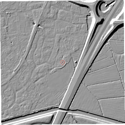 Shaded relief map of the ground around BS215DW, computed from Environment Agency LiDAR. The ground here sits at about 6 m above sea level and falls 11 m across the surrounding 800 m. Surface water reaching this point runs off ground lying to the south-south-east, 0.5 m higher.