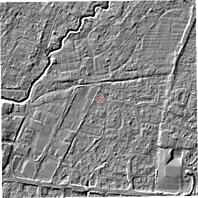 Shaded relief map of the ground around BS215DZ, computed from Environment Agency LiDAR. The ground here sits at about 6 m above sea level and falls 4 m across the surrounding 800 m. Surface water reaching this point runs off ground lying to the south-east, 3.4 m higher.