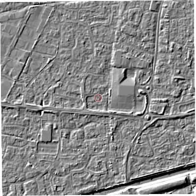 Shaded relief map of the ground around BS215EA, computed from Environment Agency LiDAR. The ground here sits at about 6 m above sea level and falls 4 m across the surrounding 800 m. Surface water reaching this point runs off ground lying to the east, 2.0 m higher.