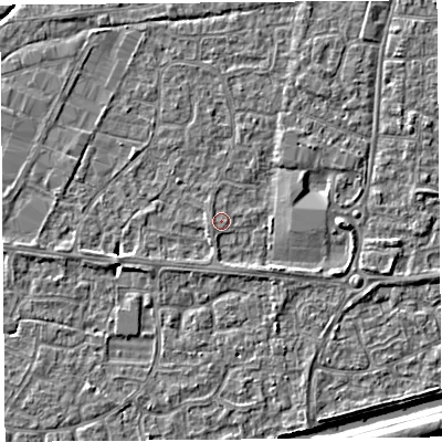 Shaded relief map of the ground around BS215EB, computed from Environment Agency LiDAR. The ground here sits at about 6 m above sea level and falls 4 m across the surrounding 800 m. Surface water reaching this point runs off ground lying to the east, 2.1 m higher.