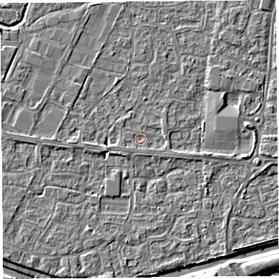 Shaded relief map of the ground around BS215ED, computed from Environment Agency LiDAR. The ground here sits at about 6 m above sea level and falls 4 m across the surrounding 800 m. Surface water reaching this point runs off ground lying to the west-south-west, 1.2 m higher.