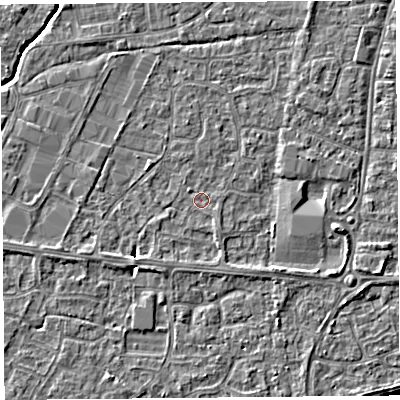 Shaded relief map of the ground around BS215EE, computed from Environment Agency LiDAR. The ground here sits at about 6 m above sea level and falls 4 m across the surrounding 800 m. Surface water reaching this point runs off ground lying to the south-west, 1.3 m higher.