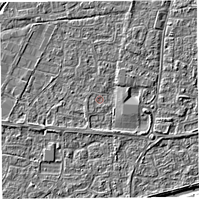 Shaded relief map of the ground around BS215EF, computed from Environment Agency LiDAR. The ground here sits at about 6 m above sea level and falls 4 m across the surrounding 800 m. Surface water reaching this point runs off ground lying to the east-south-east, 2.1 m higher.