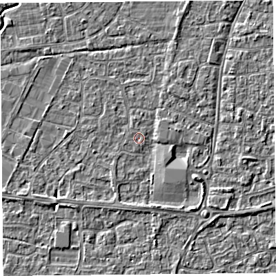Shaded relief map of the ground around BS215EG, computed from Environment Agency LiDAR. The ground here sits at about 6 m above sea level and falls 4 m across the surrounding 800 m. Surface water reaching this point runs off ground lying to the south-east, 3.4 m higher.
