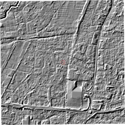 Shaded relief map of the ground around BS215EH, computed from Environment Agency LiDAR. The ground here sits at about 6 m above sea level and falls 4 m across the surrounding 800 m. Surface water reaching this point runs off ground lying to the south-east, 3.4 m higher.