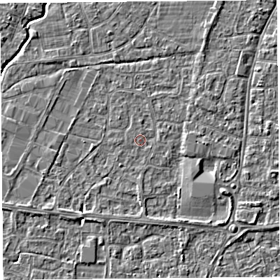 Shaded relief map of the ground around BS215EJ, computed from Environment Agency LiDAR. The ground here sits at about 6 m above sea level and falls 4 m across the surrounding 800 m. Surface water reaching this point runs off ground lying to the east-south-east, 3.4 m higher.