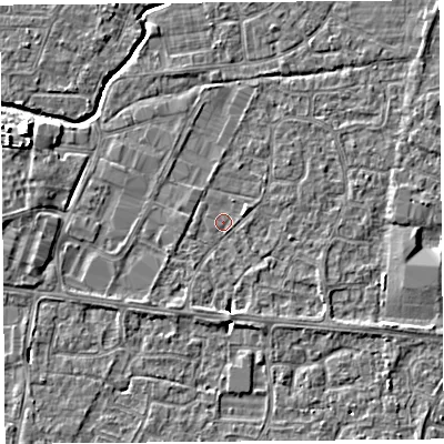 Shaded relief map of the ground around BS215EL, computed from Environment Agency LiDAR. The ground here sits at about 6 m above sea level and falls 5 m across the surrounding 800 m. Surface water reaching this point runs off ground lying to the west, 3.3 m higher.