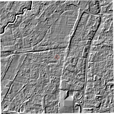 Shaded relief map of the ground around BS215EN, computed from Environment Agency LiDAR. The ground here sits at about 6 m above sea level and falls 4 m across the surrounding 800 m. Surface water reaching this point runs off ground lying to the east-south-east, 1.0 m higher.