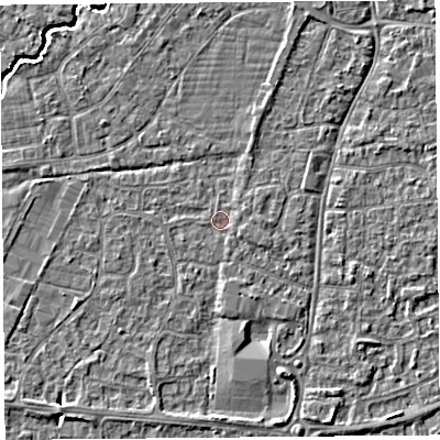 Shaded relief map of the ground around BS215EP, computed from Environment Agency LiDAR. The ground here sits at about 6 m above sea level and falls 4 m across the surrounding 800 m. Surface water reaching this point runs off ground lying to the east, 0.9 m higher.