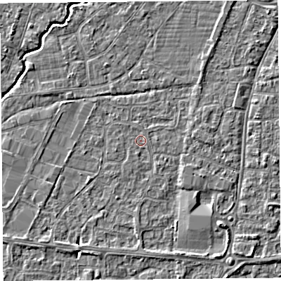 Shaded relief map of the ground around BS215EQ, computed from Environment Agency LiDAR. The ground here sits at about 6 m above sea level and falls 4 m across the surrounding 800 m. Surface water reaching this point runs off ground lying to the west-south-west, 0.7 m higher.