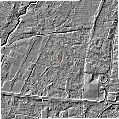 Shaded relief map of the ground around BS215ER, computed from Environment Agency LiDAR. The ground here sits at about 6 m above sea level and falls 4 m across the surrounding 800 m. Surface water reaching this point runs off ground lying to the north-west, 0.5 m higher.