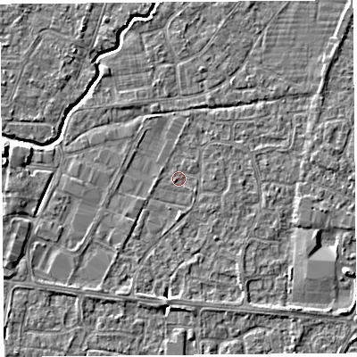 Shaded relief map of the ground around BS215ES, computed from Environment Agency LiDAR. The ground here sits at about 6 m above sea level and falls 5 m across the surrounding 800 m. Surface water reaching this point runs off ground lying to the east-south-east, 3.4 m higher.