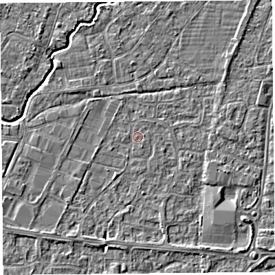 Shaded relief map of the ground around BS215ET, computed from Environment Agency LiDAR. The ground here sits at about 6 m above sea level and falls 4 m across the surrounding 800 m. Surface water reaching this point runs off ground lying to the south-east, 3.4 m higher.