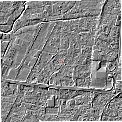 Shaded relief map of the ground around BS215EU, computed from Environment Agency LiDAR. The ground here sits at about 6 m above sea level and falls 4 m across the surrounding 800 m. Surface water reaching this point runs off ground lying to the east-south-east, 3.4 m higher.