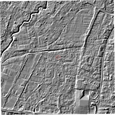 Shaded relief map of the ground around BS215EW, computed from Environment Agency LiDAR. The ground here sits at about 6 m above sea level and falls 4 m across the surrounding 800 m. Surface water reaching this point runs off ground lying to the east-south-east, 1.2 m higher.