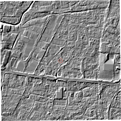 Shaded relief map of the ground around BS215EX, computed from Environment Agency LiDAR. The ground here sits at about 6 m above sea level and falls 5 m across the surrounding 800 m. Surface water reaching this point runs off ground lying to the east, 3.4 m higher.