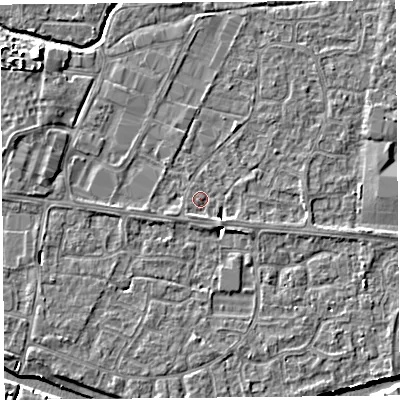 Shaded relief map of the ground around BS215EY, computed from Environment Agency LiDAR. The ground here sits at about 6 m above sea level and falls 5 m across the surrounding 800 m. Surface water reaching this point runs off ground lying to the south-east, 3.0 m higher.