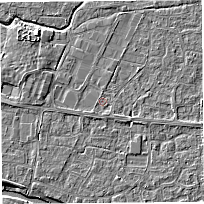 Shaded relief map of the ground around BS215EZ, computed from Environment Agency LiDAR. The ground here sits at about 6 m above sea level and falls 5 m across the surrounding 800 m. Surface water reaching this point runs off ground lying to the east-south-east, 1.3 m higher.