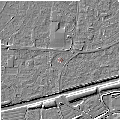 Shaded relief map of the ground around BS215HA, computed from Environment Agency LiDAR. The ground here sits at about 6 m above sea level and falls 5 m across the surrounding 800 m. Surface water reaching this point runs off ground lying to the north-east, 1.3 m higher.