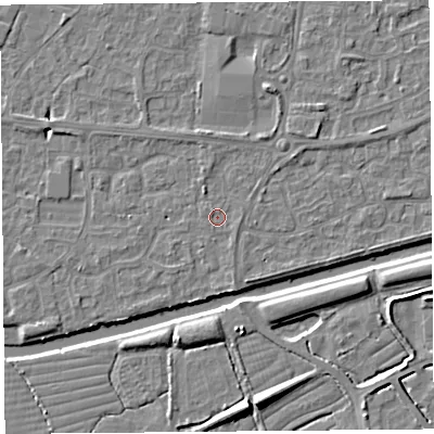 Shaded relief map of the ground around BS215HB, computed from Environment Agency LiDAR. The ground here sits at about 6 m above sea level and falls 8 m across the surrounding 800 m. Surface water reaching this point runs off ground lying to the north-north-east, 1.3 m higher.