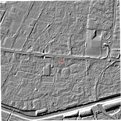 Shaded relief map of the ground around BS215HD, computed from Environment Agency LiDAR. The ground here sits at about 6 m above sea level and falls 5 m across the surrounding 800 m. Surface water reaching this point runs off ground lying to the north-north-east, 0.7 m higher.