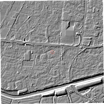 Shaded relief map of the ground around BS215HE, computed from Environment Agency LiDAR. The ground here sits at about 6 m above sea level and falls 5 m across the surrounding 800 m. Surface water reaching this point runs off ground lying to the east-north-east, 2.1 m higher.