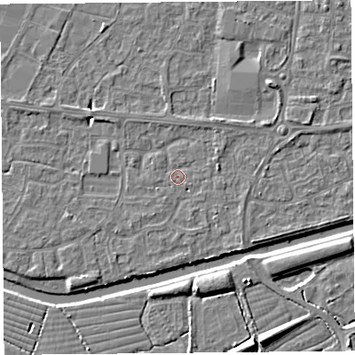 Shaded relief map of the ground around BS215HF, computed from Environment Agency LiDAR. The ground here sits at about 6 m above sea level and falls 8 m across the surrounding 800 m. Surface water reaching this point runs off ground lying to the east-north-east, 2.1 m higher.