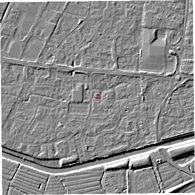 Shaded relief map of the ground around BS215HG, computed from Environment Agency LiDAR. The ground here sits at about 6 m above sea level and falls 7 m across the surrounding 800 m. Surface water reaching this point runs off ground lying to the east-north-east, 2.1 m higher.