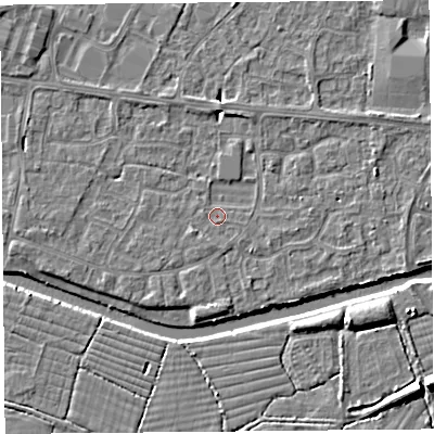 Shaded relief map of the ground around BS215HH, computed from Environment Agency LiDAR. The ground here sits at about 6 m above sea level and falls 8 m across the surrounding 800 m. Surface water reaching this point runs off ground lying to the east-north-east, 1.8 m higher.
