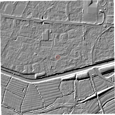 Shaded relief map of the ground around BS215HJ, computed from Environment Agency LiDAR. The ground here sits at about 6 m above sea level and falls 8 m across the surrounding 800 m. Surface water reaching this point runs off ground lying to the south-west, 0.9 m higher.