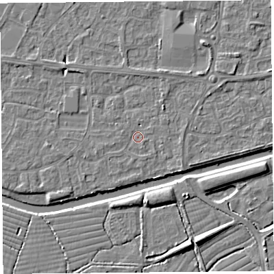 Shaded relief map of the ground around BS215HL, computed from Environment Agency LiDAR. The ground here sits at about 6 m above sea level and falls 8 m across the surrounding 800 m. Surface water reaching this point runs off ground lying to the north-east, 2.1 m higher.
